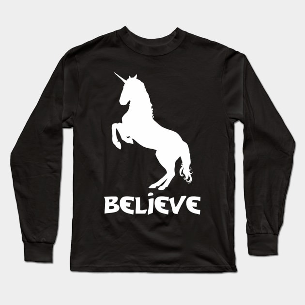 Believe in a White Unicorn Long Sleeve T-Shirt by PeppermintClover